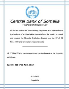 Central Bank of Somalia Act Law No 130 of 22 April 2012 pdf 232x300